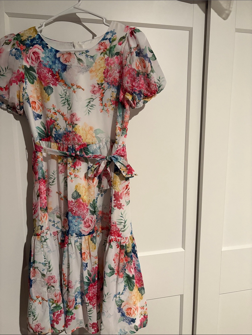 Monsoon White Floral Tie-Waist Kids Dress
